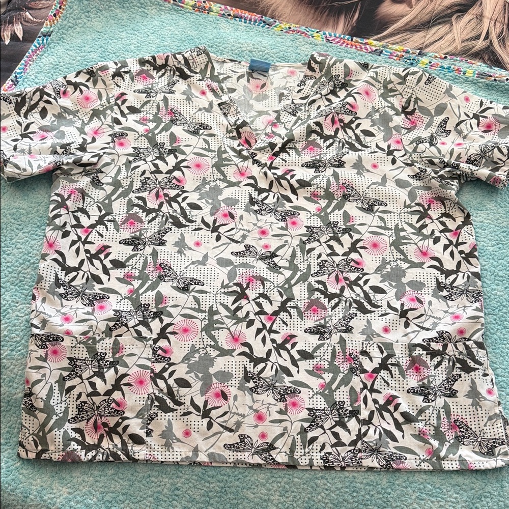 Smart Scrubs Floral Print Top - Pink and Black